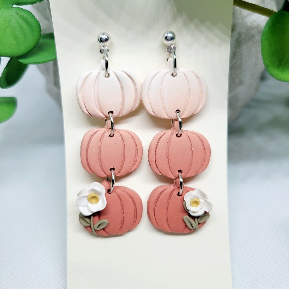 Pumpkin dangle earrings with white flower, ombre pumpkins, handmade